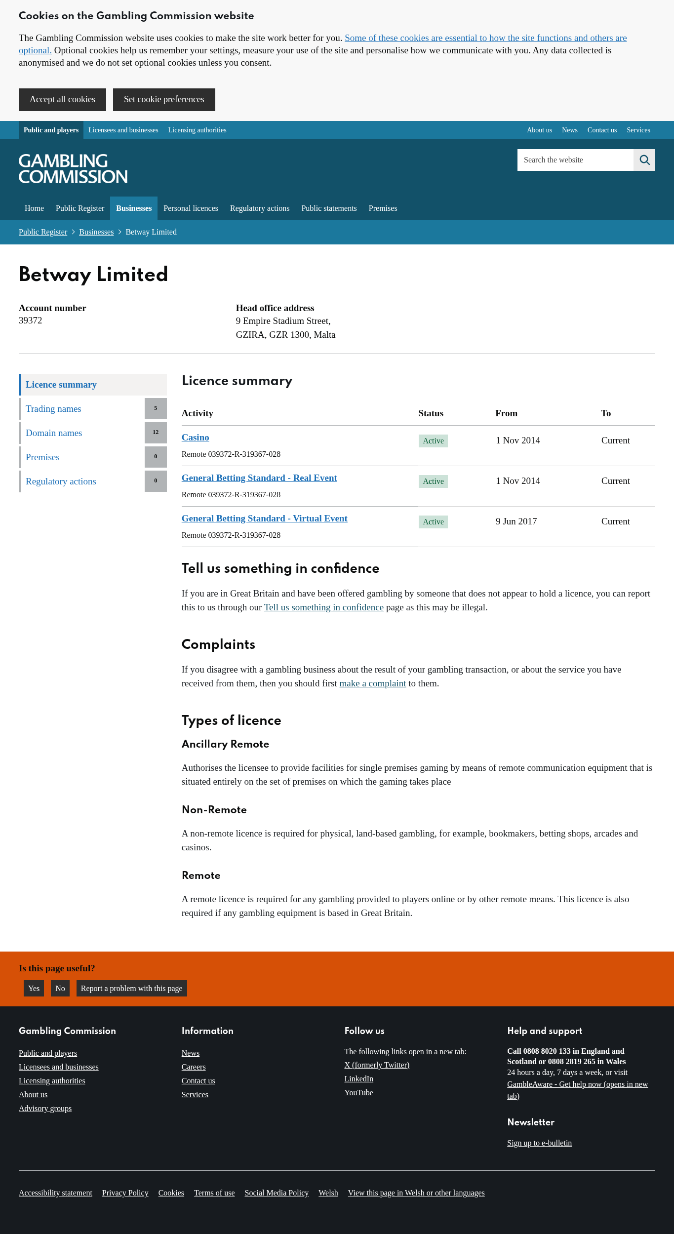 Capture de la source de recherche associée au contrôle de Betway